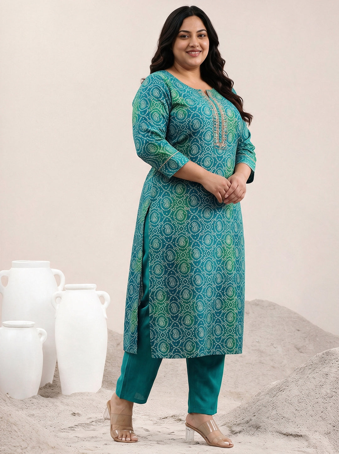  Plus Size Blue Bandhani Printed Viscose Straight Suit Set 