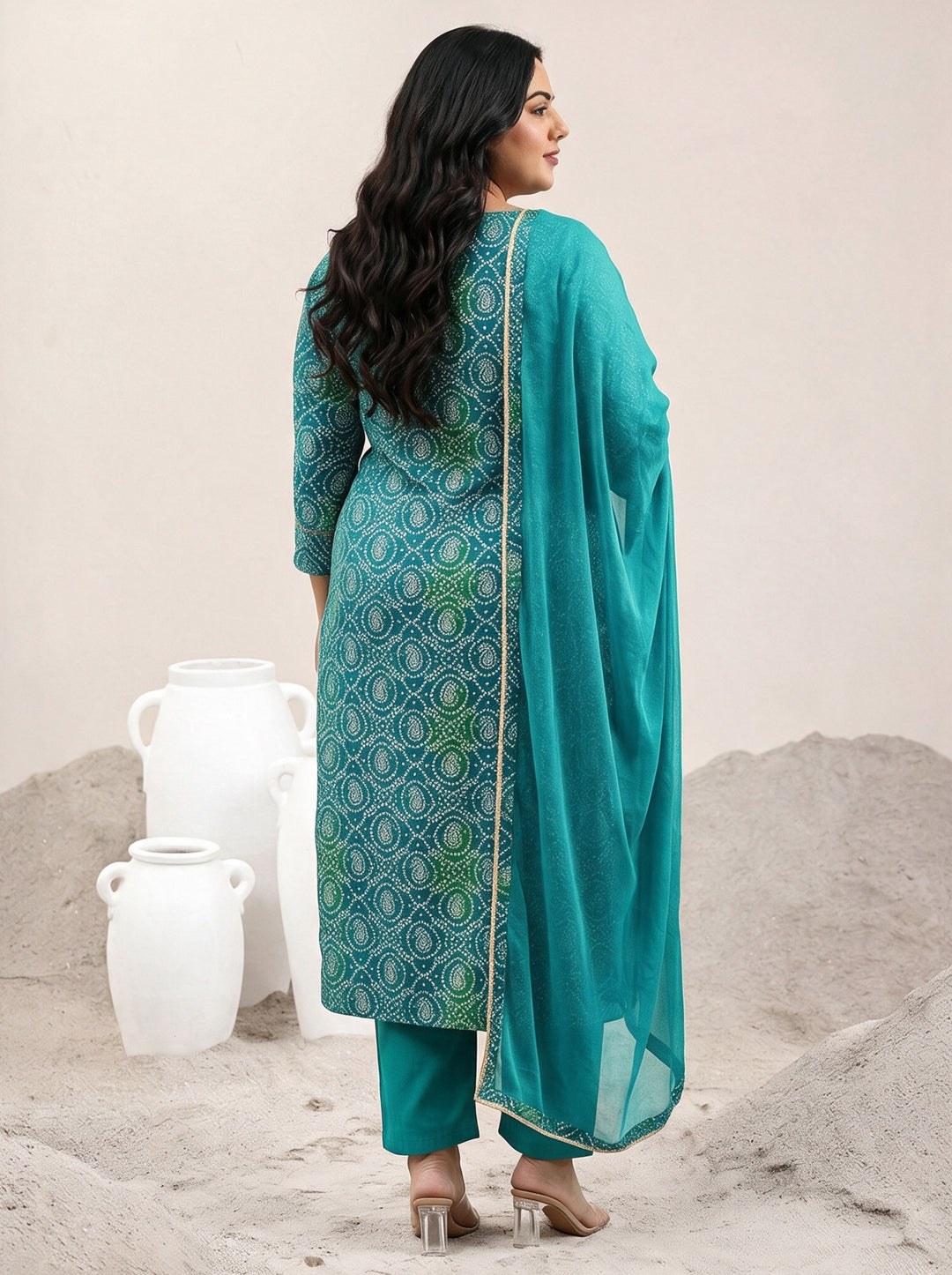  Plus Size Blue Bandhani Printed Viscose Straight Suit Set 