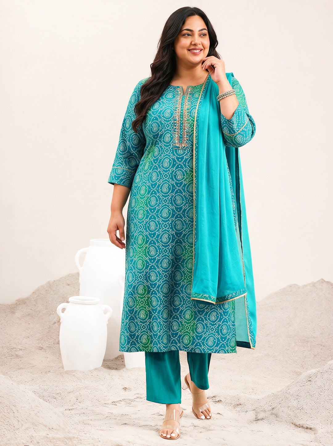  Plus Size Blue Bandhani Printed Viscose Straight Suit Set 