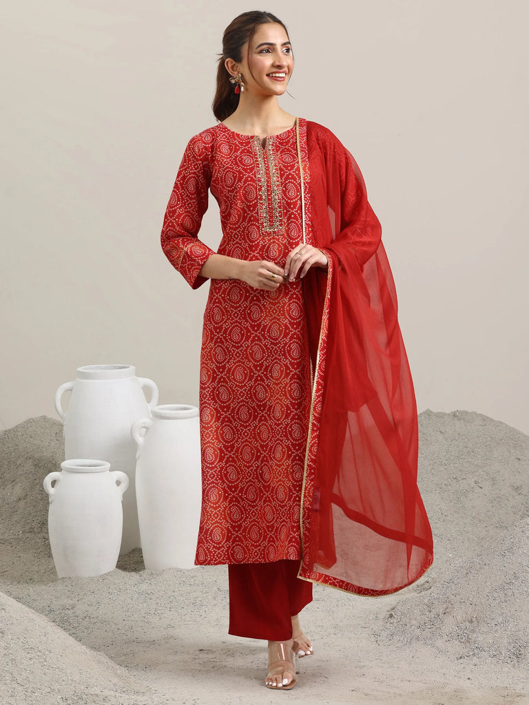 Libas Red Printed Rayon Straight Suit With Dupatta