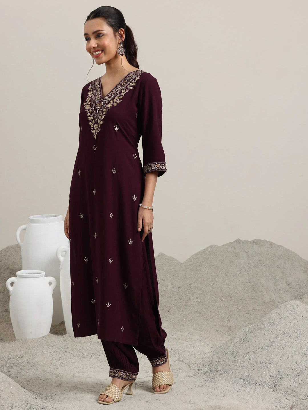  Burgundy Embroidered Rayon Straight Suit With Dupatta 