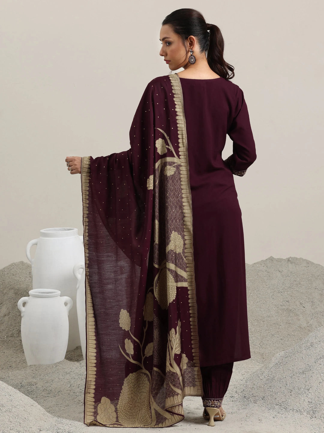  Burgundy Embroidered Rayon Straight Suit With Dupatta 