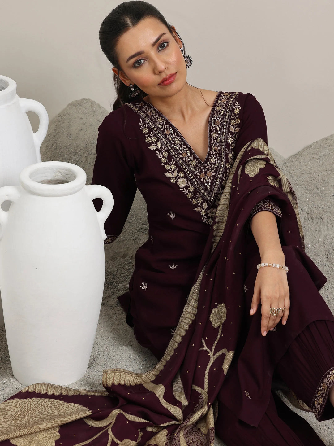  Burgundy Embroidered Rayon Straight Suit With Dupatta 