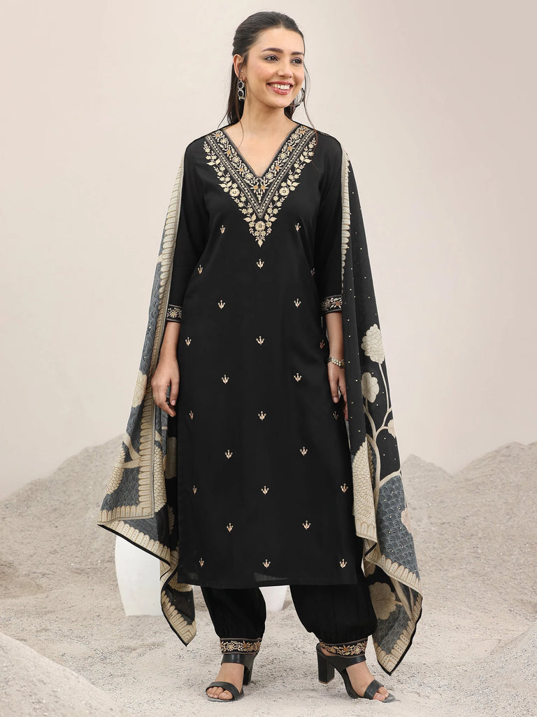 Libas Black Embroidered Rayon Straight Suit With Dupatta