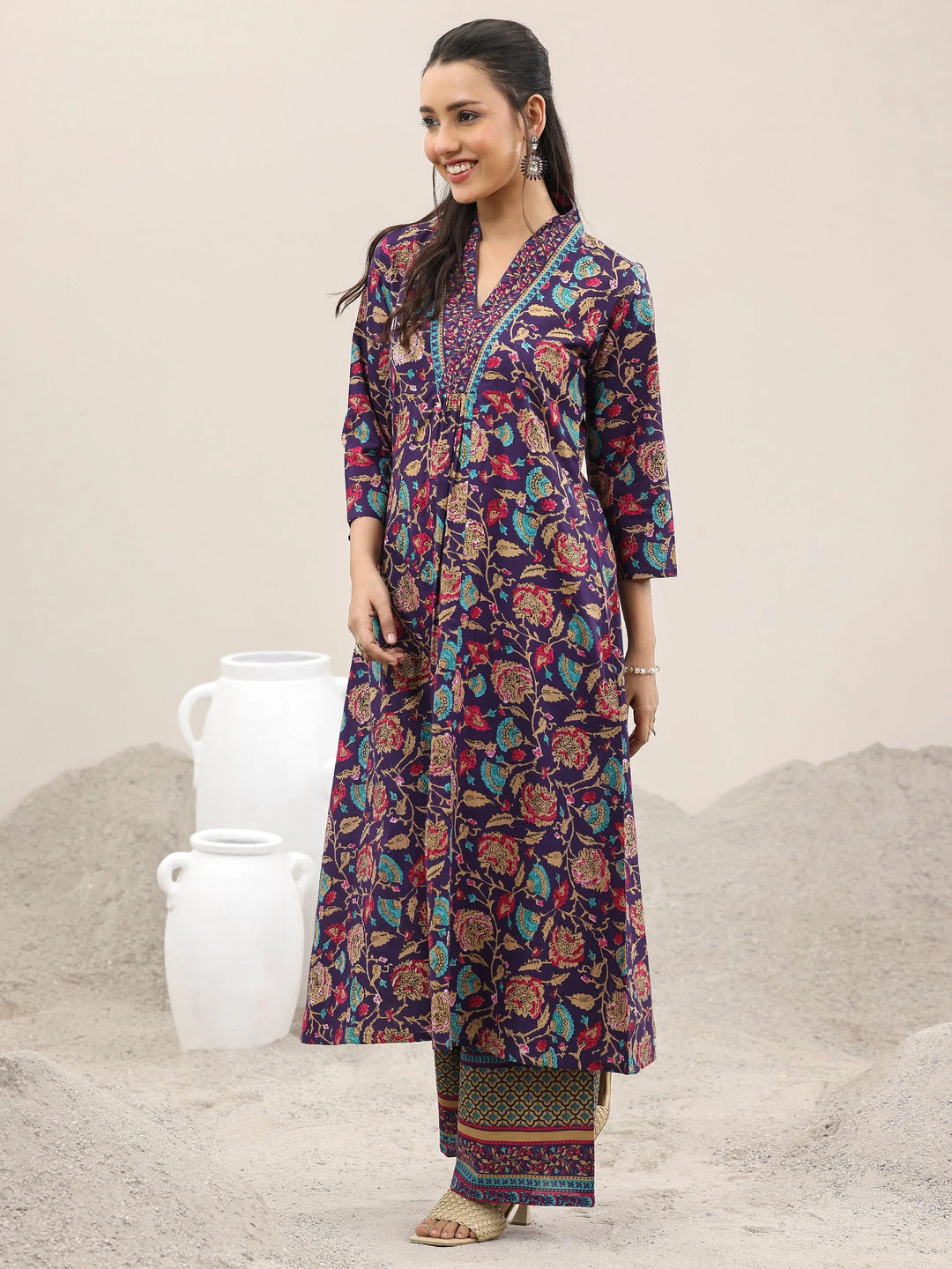  Purple Printed Cotton A-Line Kurta With Palazzos & Dupatta 
