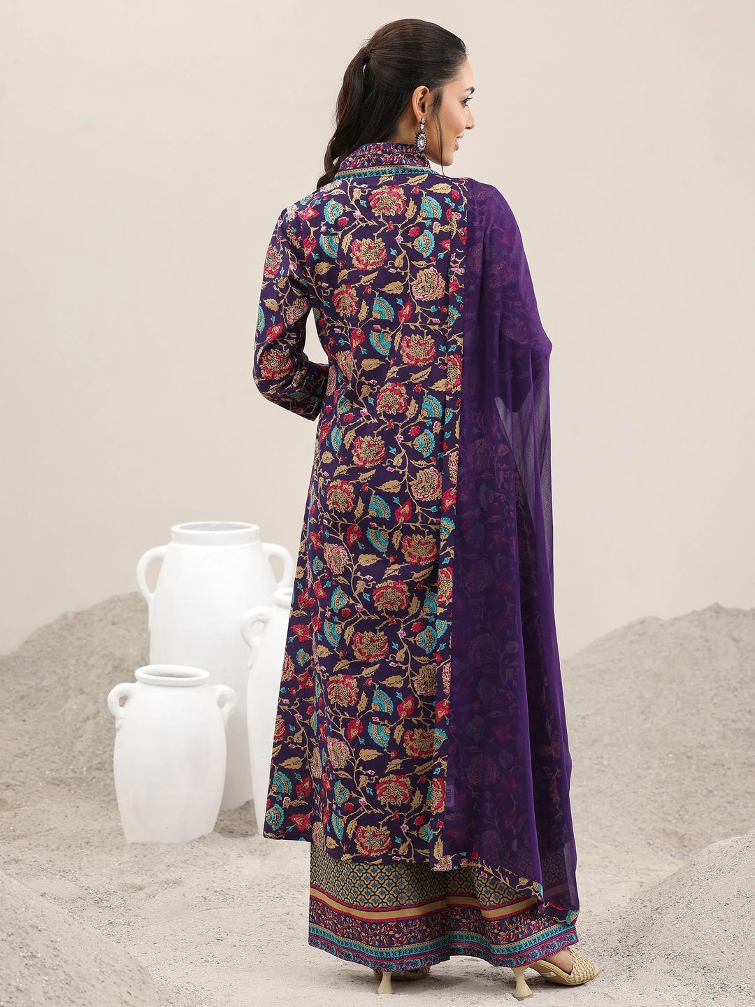  Purple Printed Cotton A-Line Kurta With Palazzos & Dupatta 