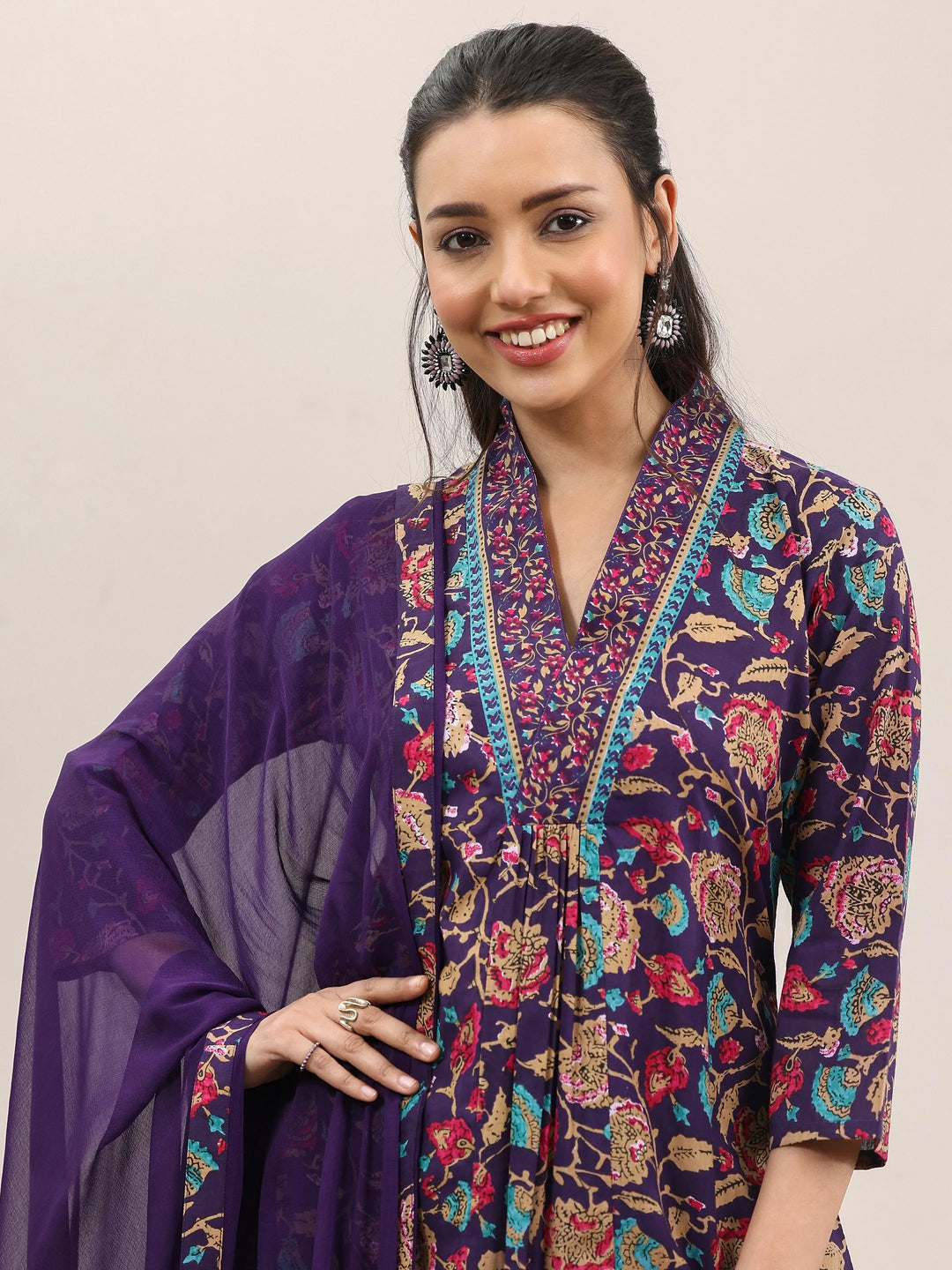  Purple Printed Cotton A-Line Kurta With Palazzos & Dupatta 