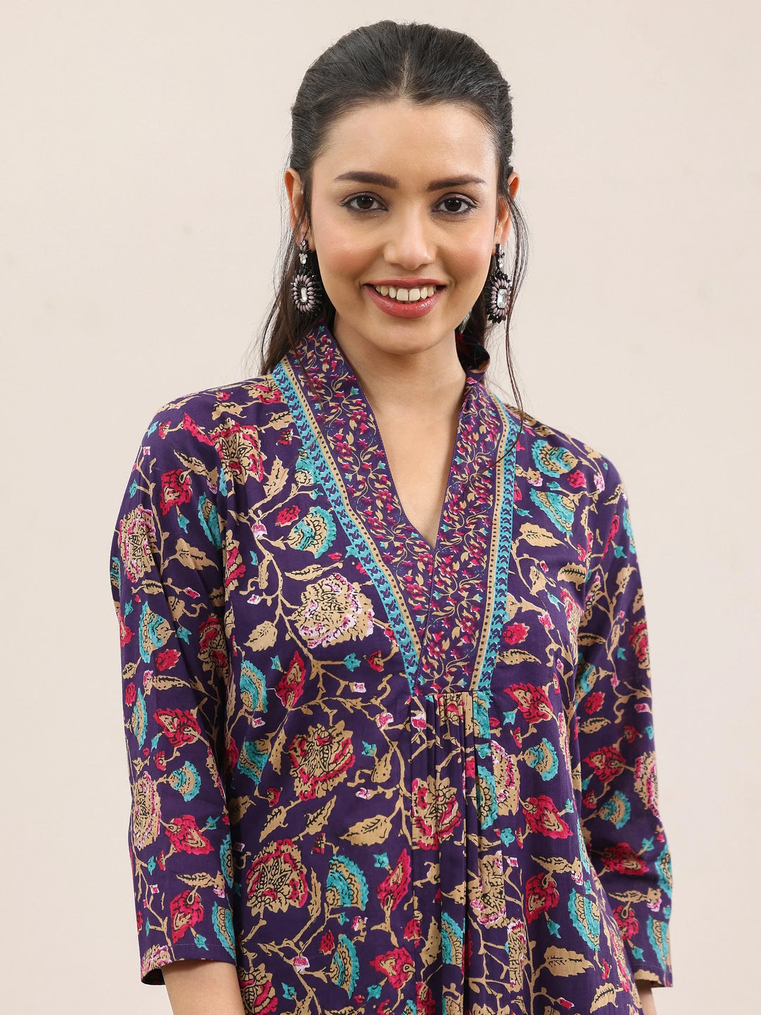  Purple Printed Cotton A-Line Kurta With Palazzos & Dupatta 