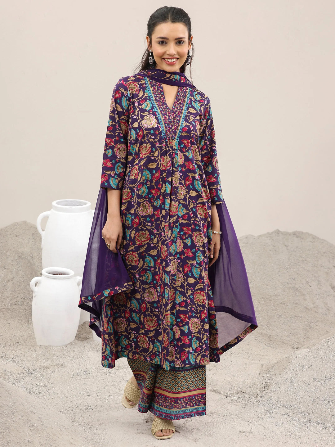  Purple Printed Cotton A-Line Kurta With Palazzos & Dupatta 