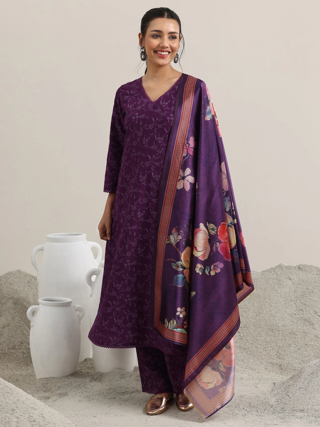  Purple Printed Silk Blend A-Line Kurta With Trousers & Dupatta 