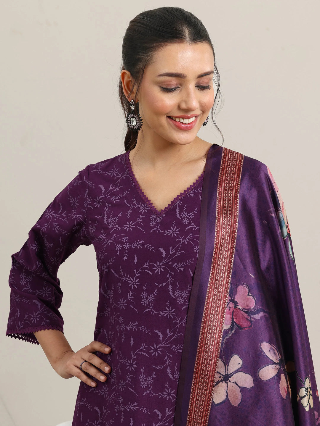  Purple Printed Silk Blend A-Line Kurta With Trousers & Dupatta 