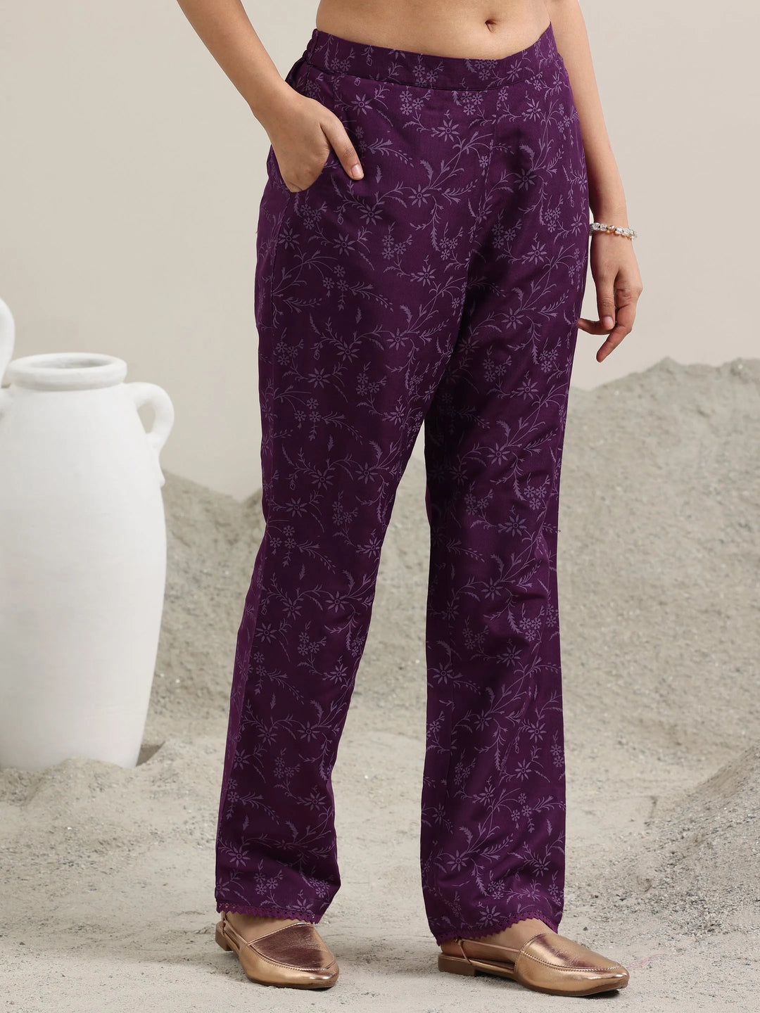  Purple Printed Silk Blend A-Line Kurta With Trousers & Dupatta 
