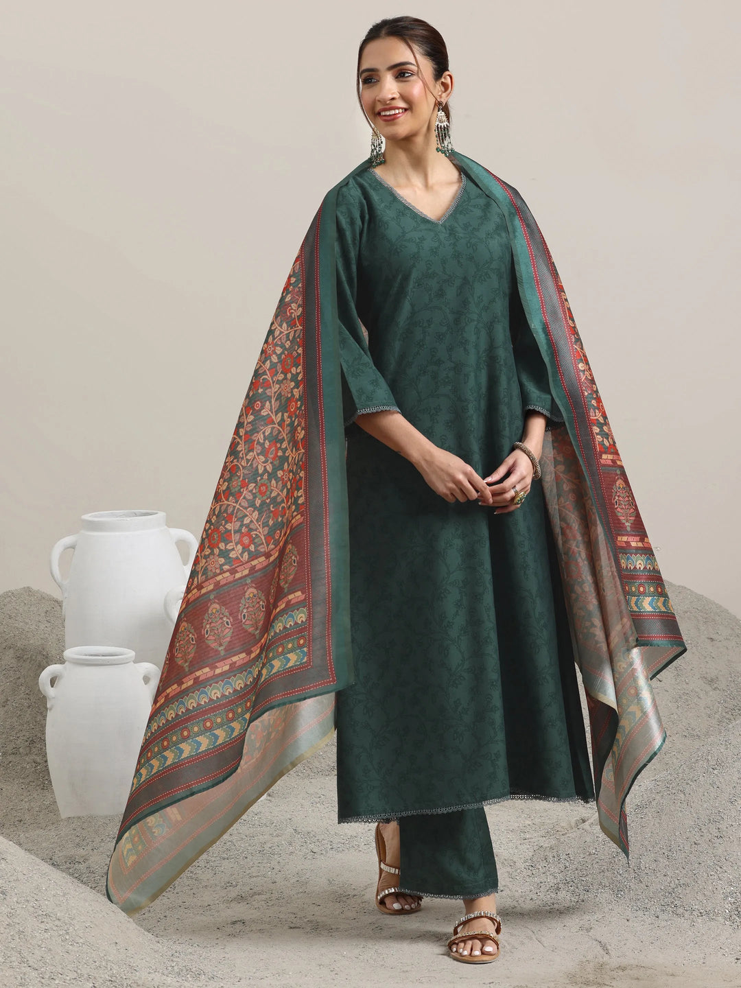  Green Printed Silk Blend A-Line Kurta With Trousers & Dupatta 