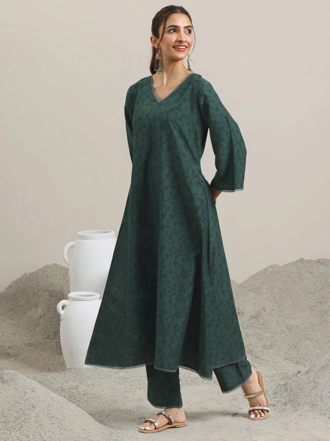  Green Printed Silk Blend A-Line Kurta With Trousers & Dupatta 