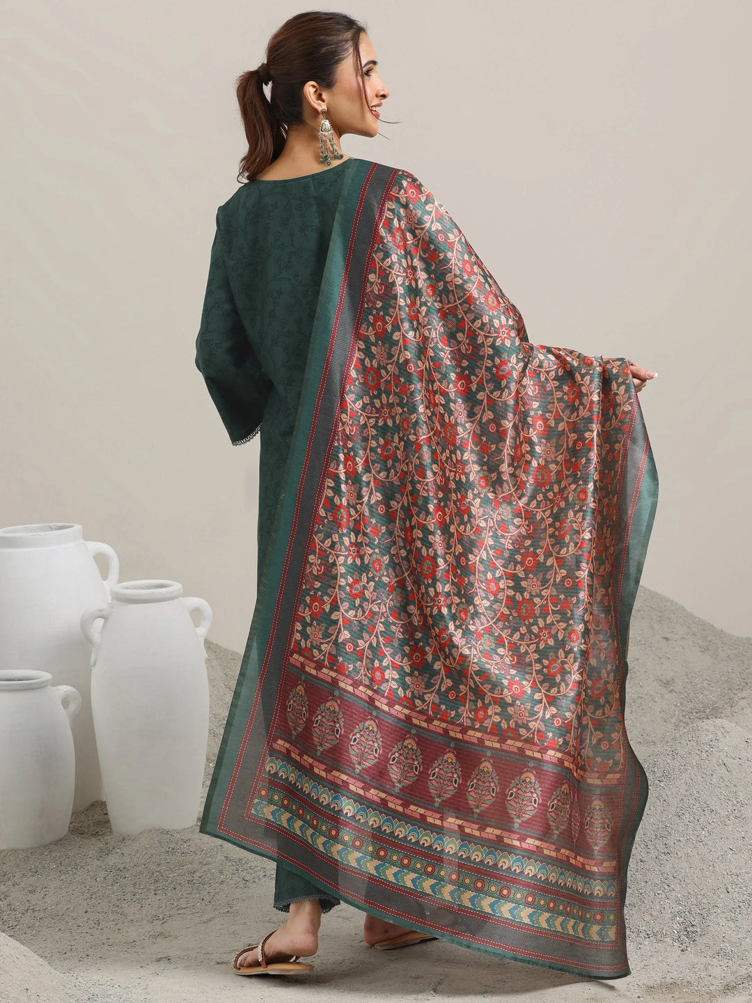  Green Printed Silk Blend A-Line Kurta With Trousers & Dupatta 