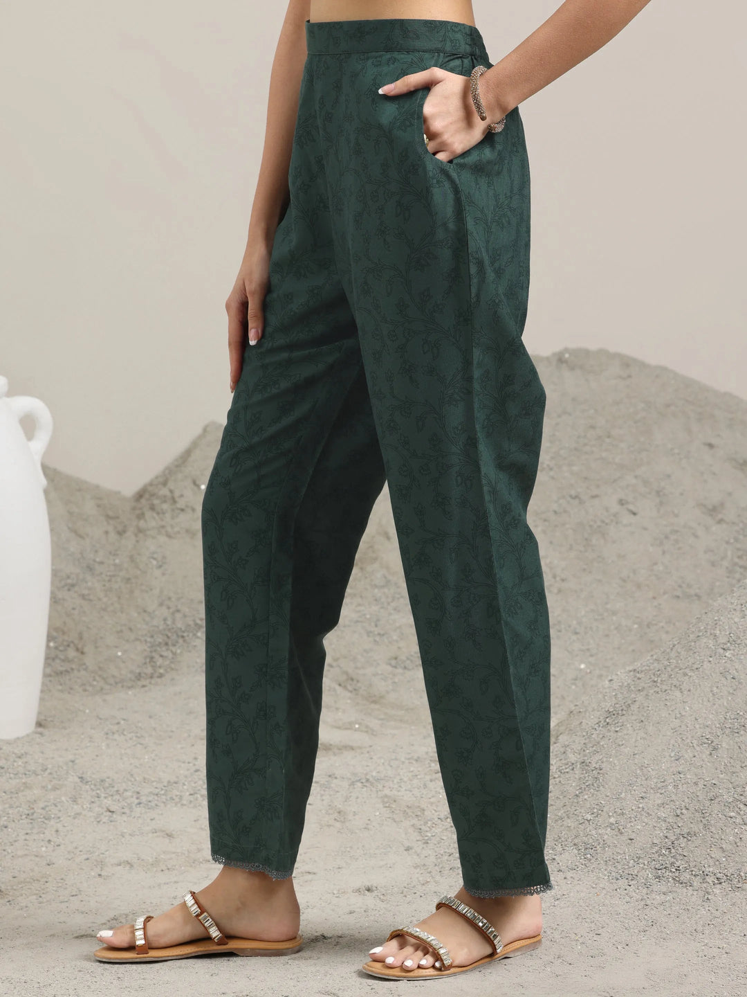  Green Printed Silk Blend A-Line Kurta With Trousers & Dupatta 