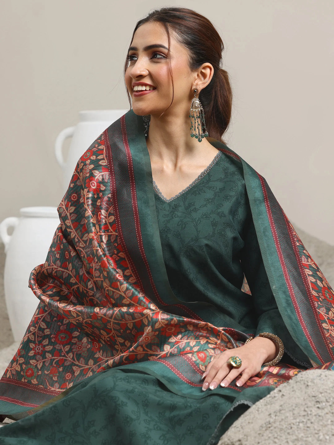  Green Printed Silk Blend A-Line Kurta With Trousers & Dupatta 