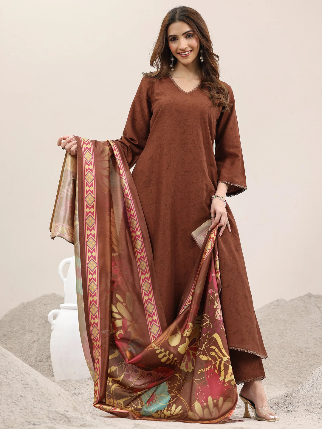  Brown Printed Silk Blend A-Line Kurta With Trousers & Dupatta 