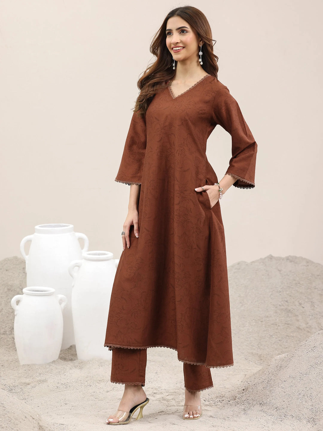  Brown Printed Silk Blend A-Line Kurta With Trousers & Dupatta 