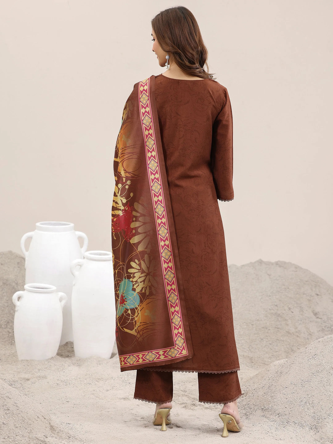  Brown Printed Silk Blend A-Line Kurta With Trousers & Dupatta 