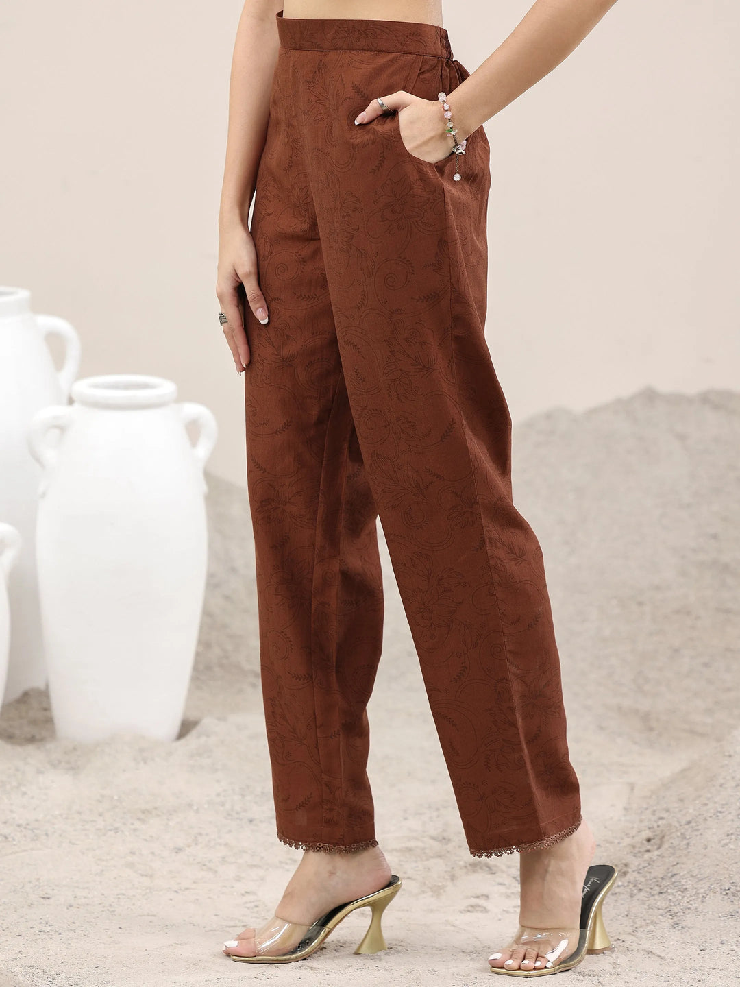  Brown Printed Silk Blend A-Line Kurta With Trousers & Dupatta 