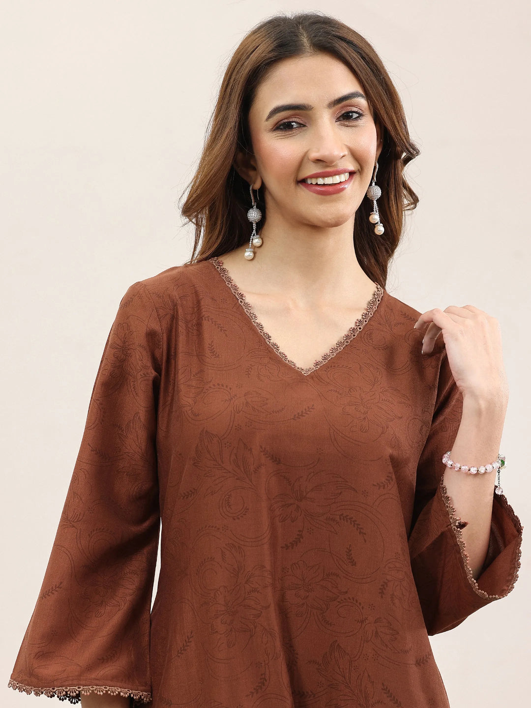  Brown Printed Silk Blend A-Line Kurta With Trousers & Dupatta 