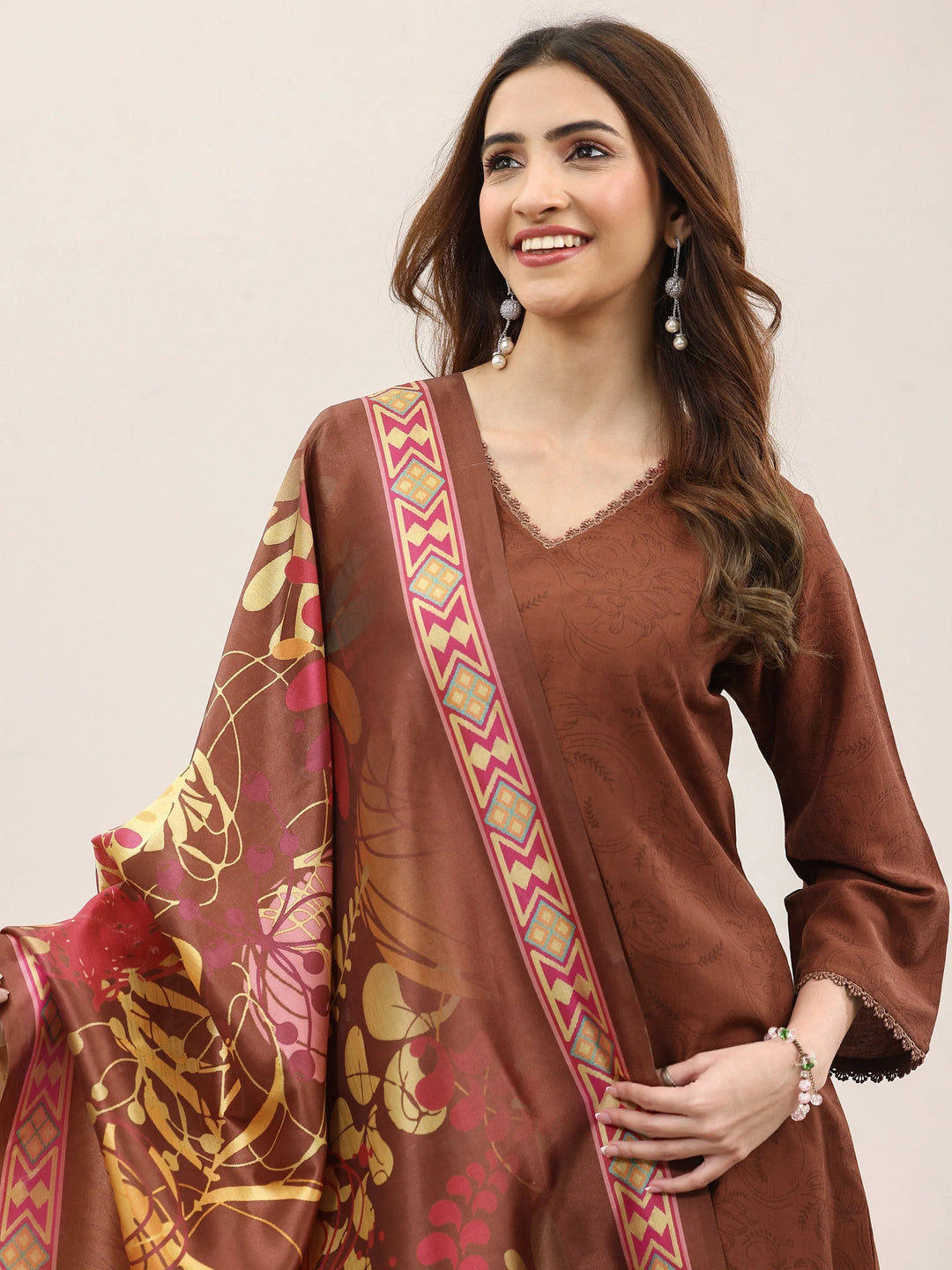  Brown Printed Silk Blend A-Line Kurta With Trousers & Dupatta 