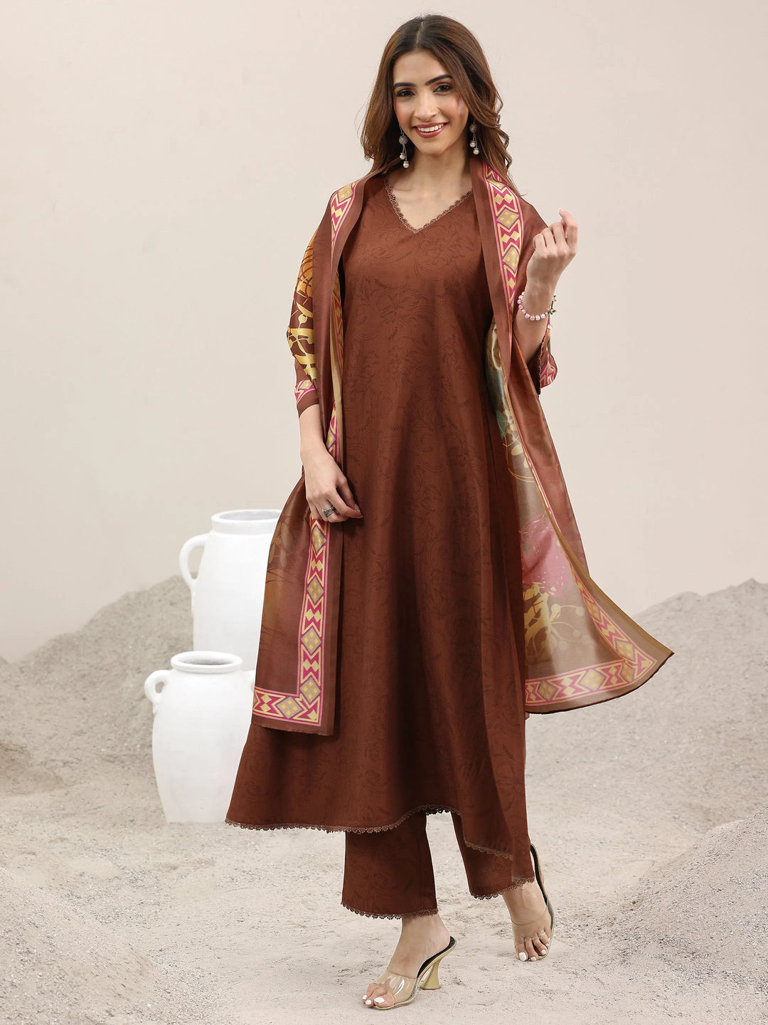  Brown Printed Silk Blend A-Line Kurta With Trousers & Dupatta 
