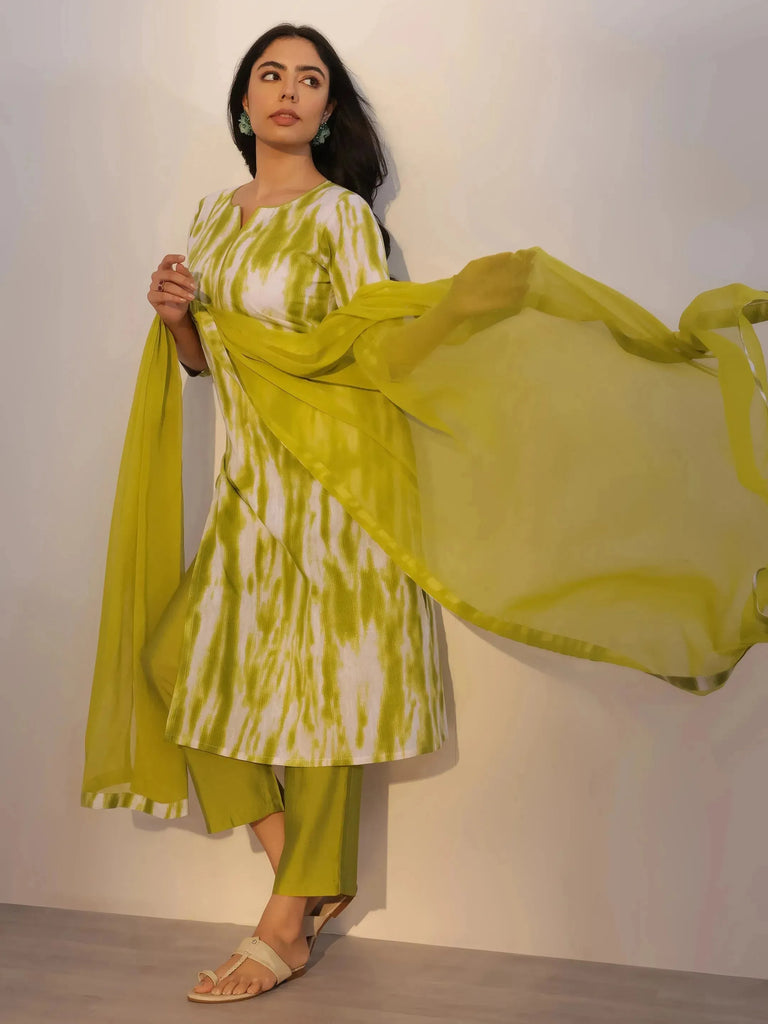 Libas Green Printed Cotton Straight Suit With Dupatta