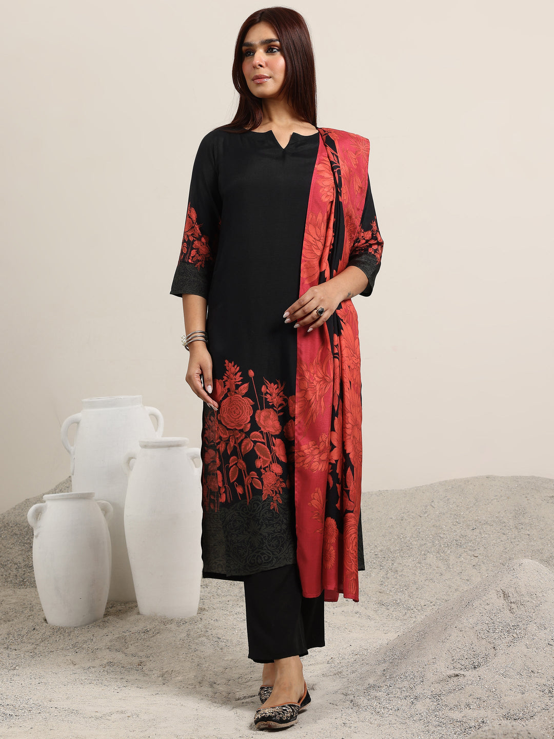  Black Printed Silk Blend Straight Suit With Dupatta 