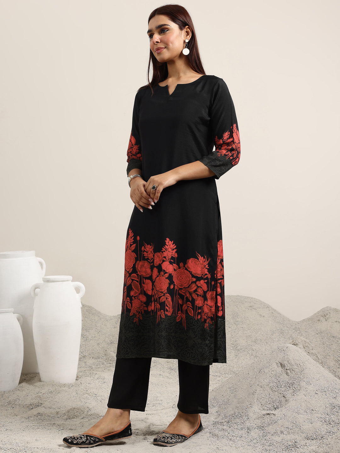  Black Printed Silk Blend Straight Suit With Dupatta 