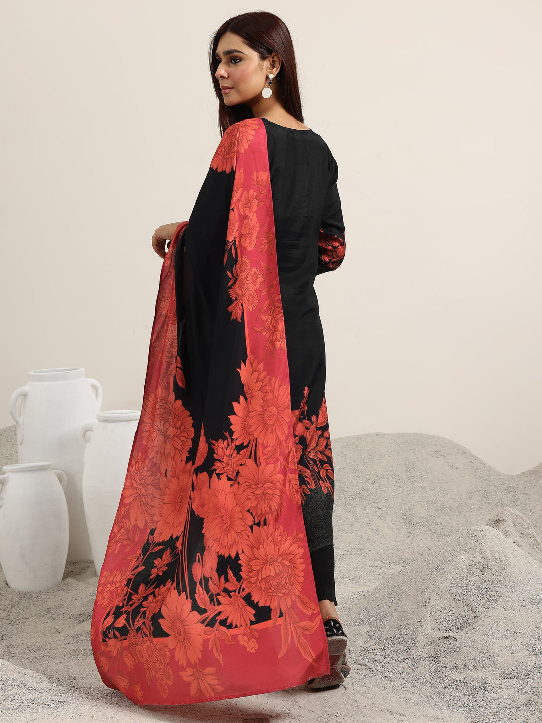  Black Printed Silk Blend Straight Suit With Dupatta 