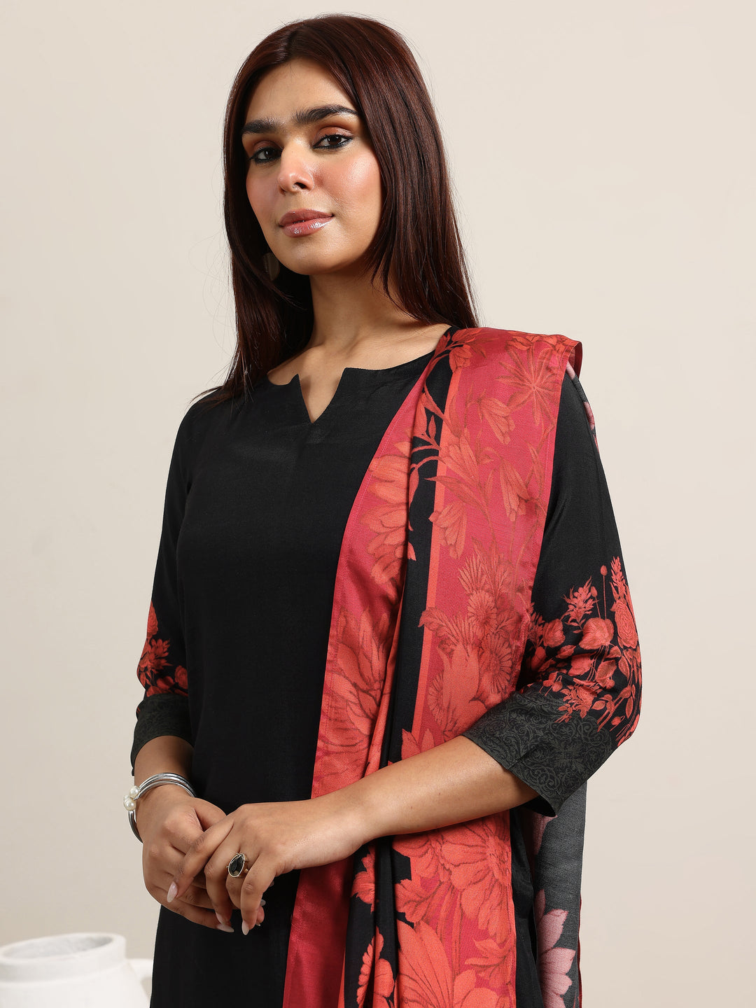  Black Printed Silk Blend Straight Suit With Dupatta 
