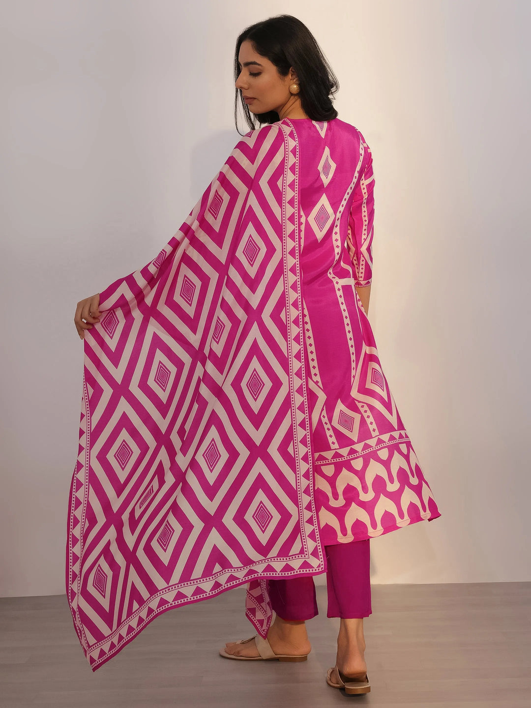  Pink Printed Silk Blend Straight Suit With Dupatta 