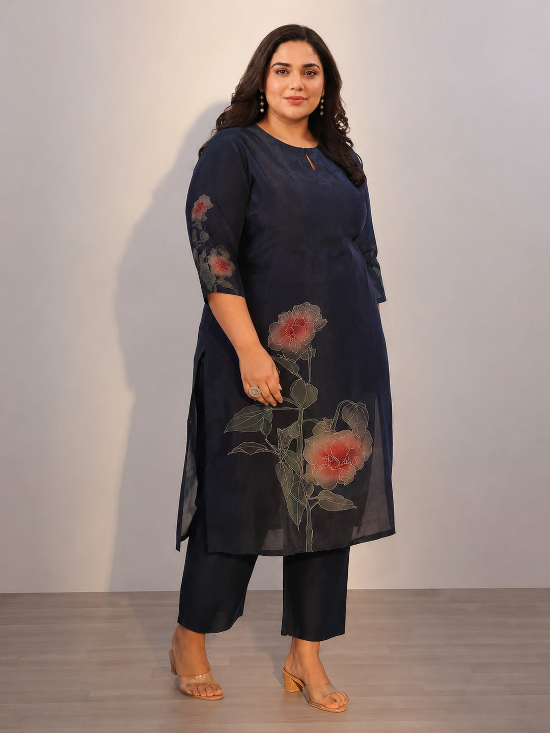  Plus Size Blue Printed Silk Blend Straight Suit With Dupatta 