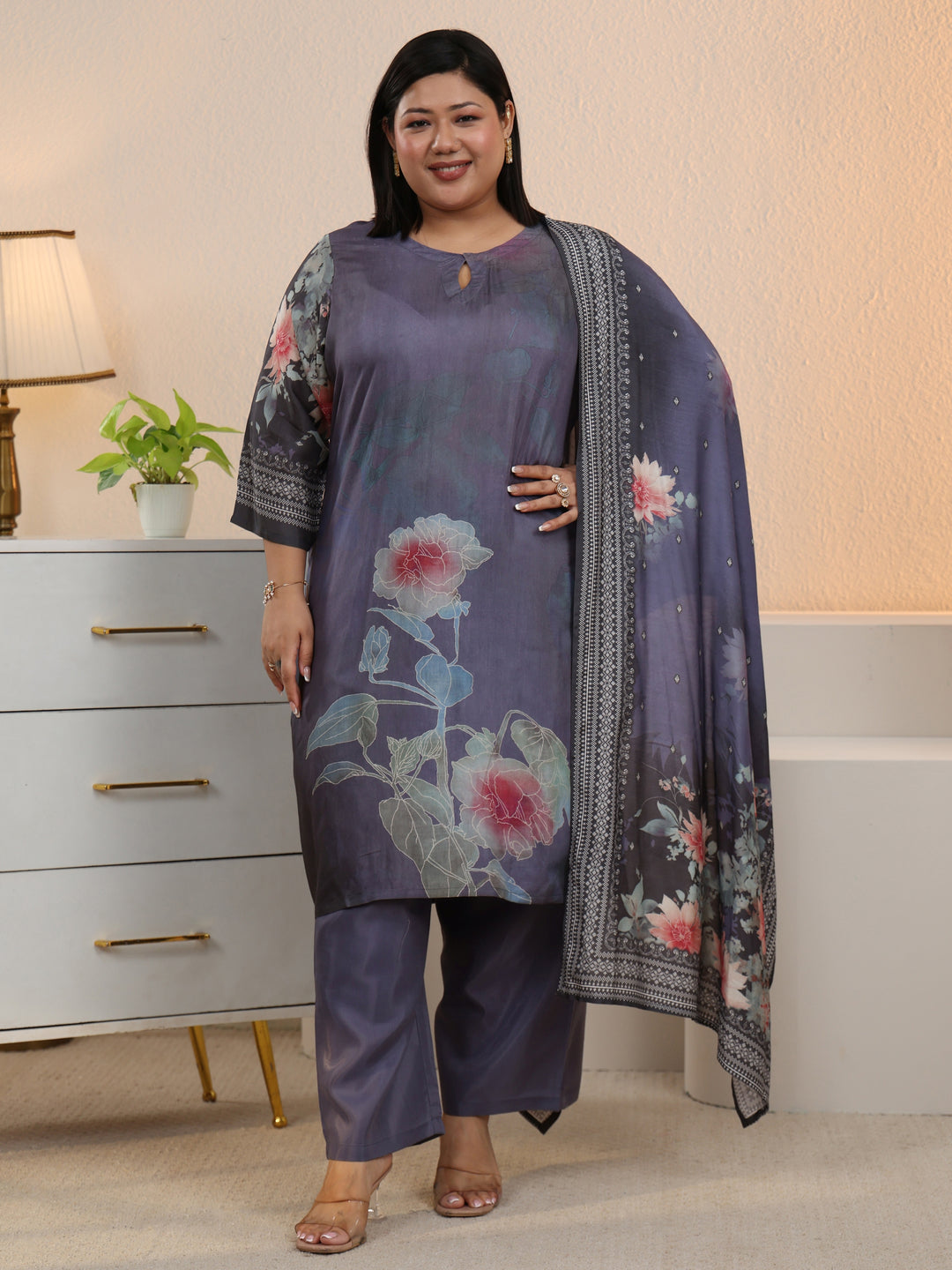  Plus Size Blue Printed Silk Blend Straight Suit With Dupatta 