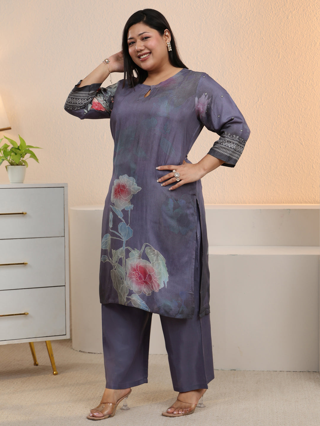  Plus Size Blue Printed Silk Blend Straight Suit With Dupatta 