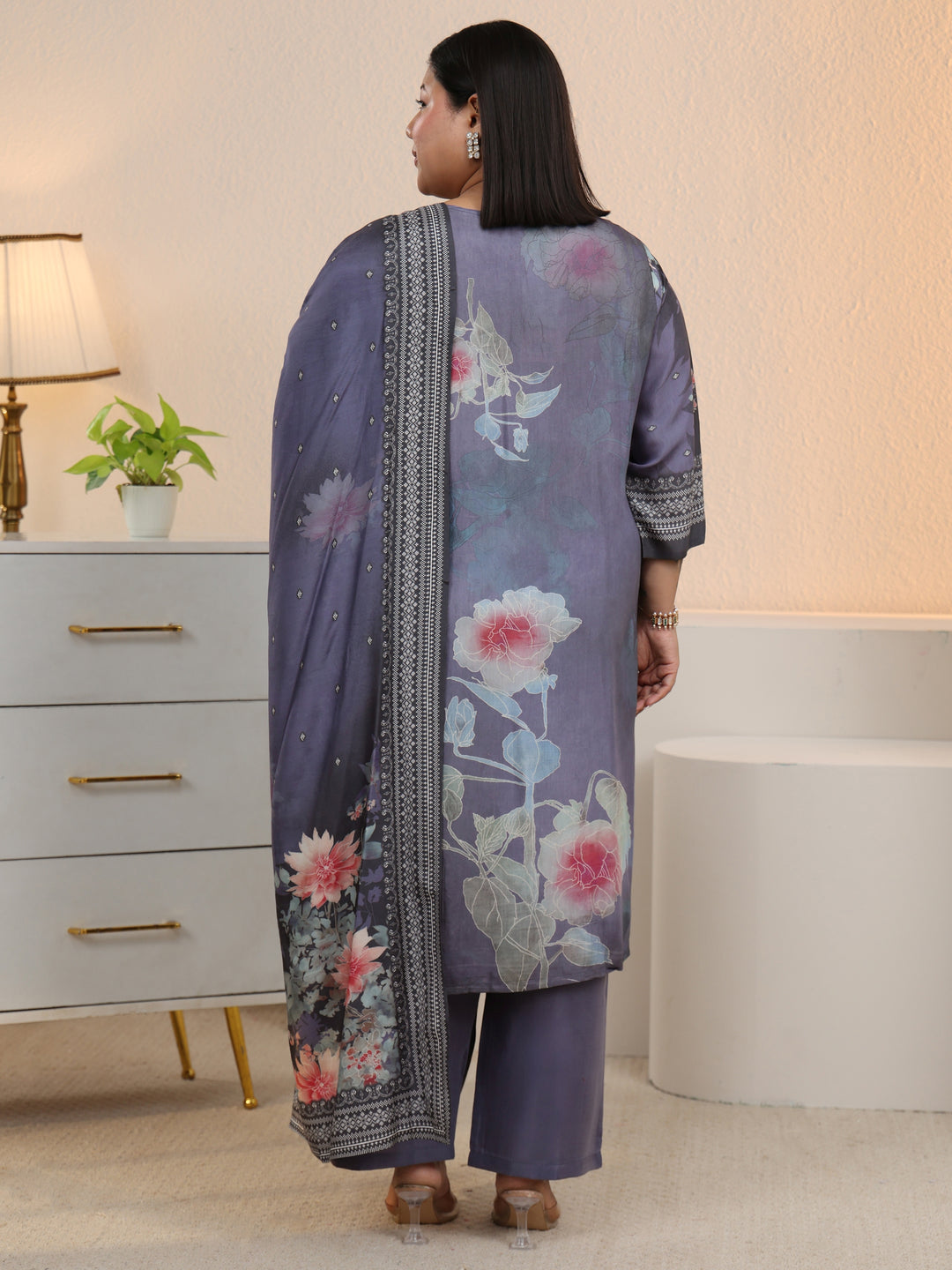  Plus Size Blue Printed Silk Blend Straight Suit With Dupatta 