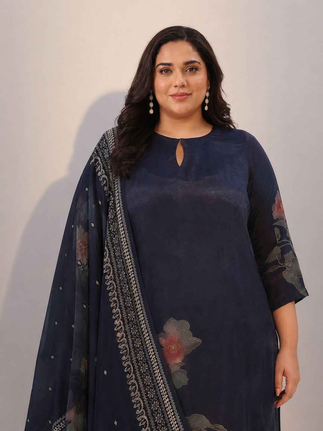  Plus Size Blue Printed Silk Blend Straight Suit With Dupatta 