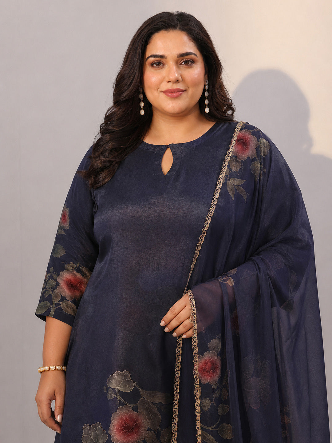  Plus Size Blue Printed Silk Blend Straight Suit With Dupatta 