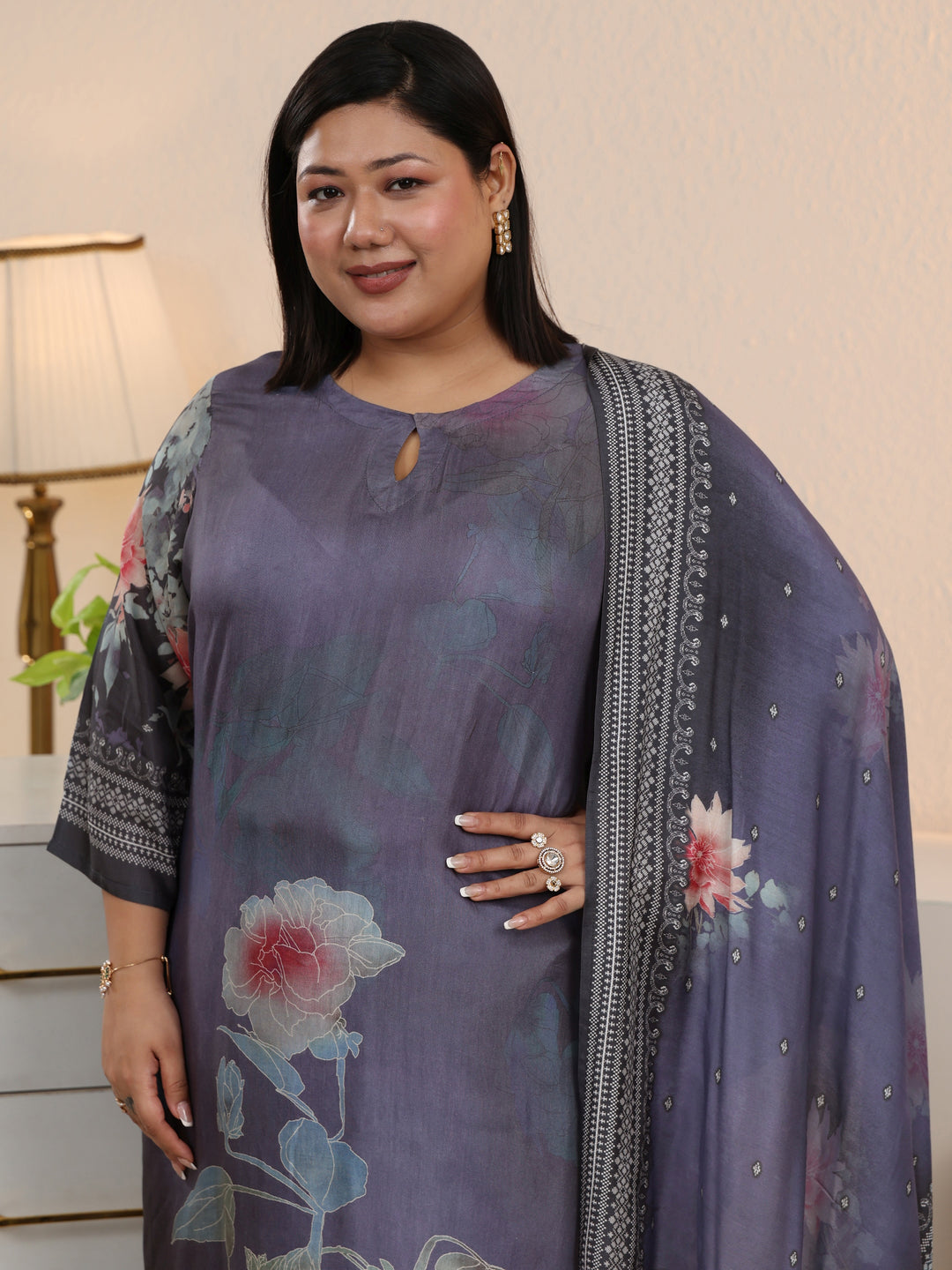  Plus Size Blue Printed Silk Blend Straight Suit With Dupatta 
