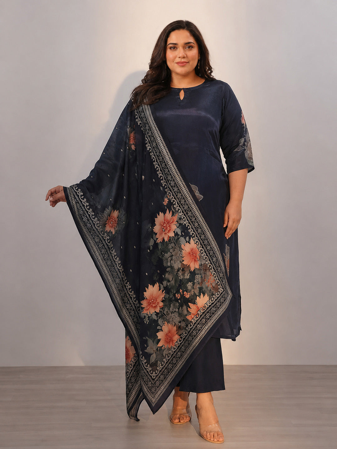  Plus Size Blue Printed Silk Blend Straight Suit With Dupatta 