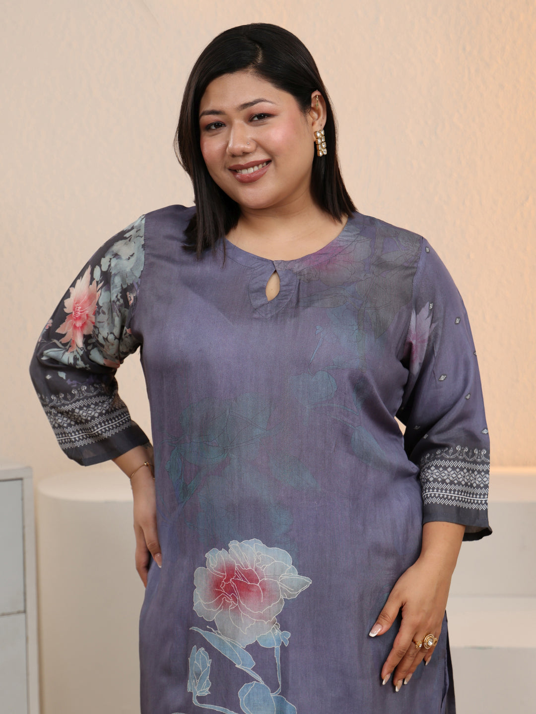  Plus Size Blue Printed Silk Blend Straight Suit With Dupatta 