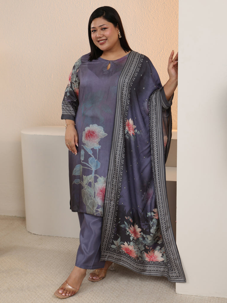 Plus Size Blue Printed Silk Blend Straight Suit With Dupatta