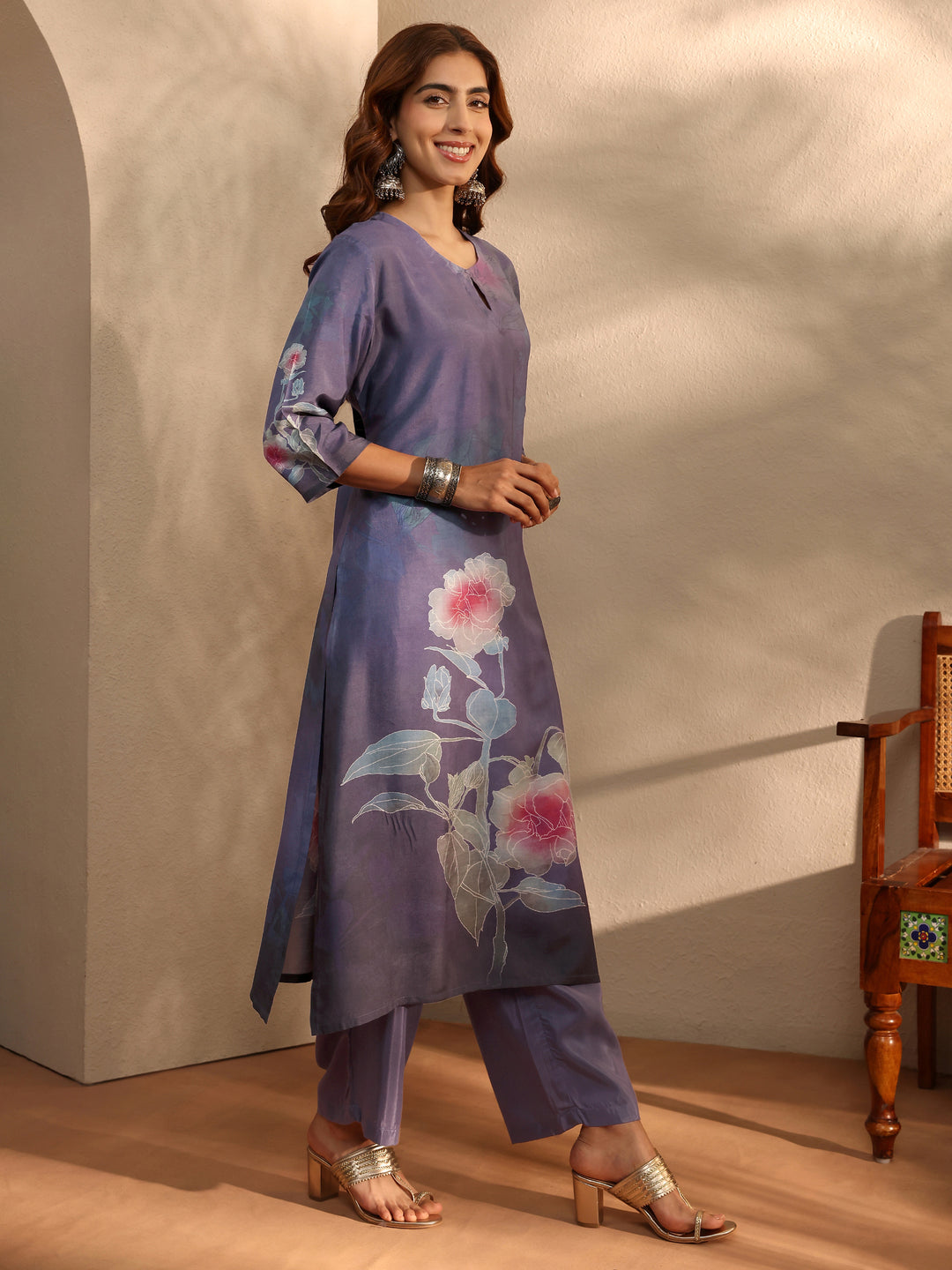  Blue Printed Silk Blend Straight Suit With Dupatta 