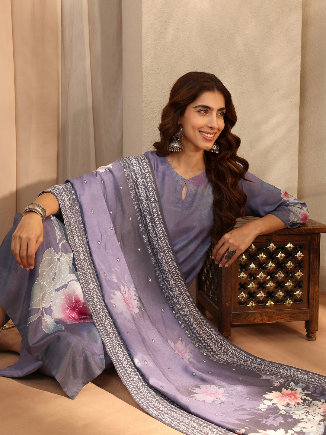 Blue Printed Silk Blend Straight Suit With Dupatta