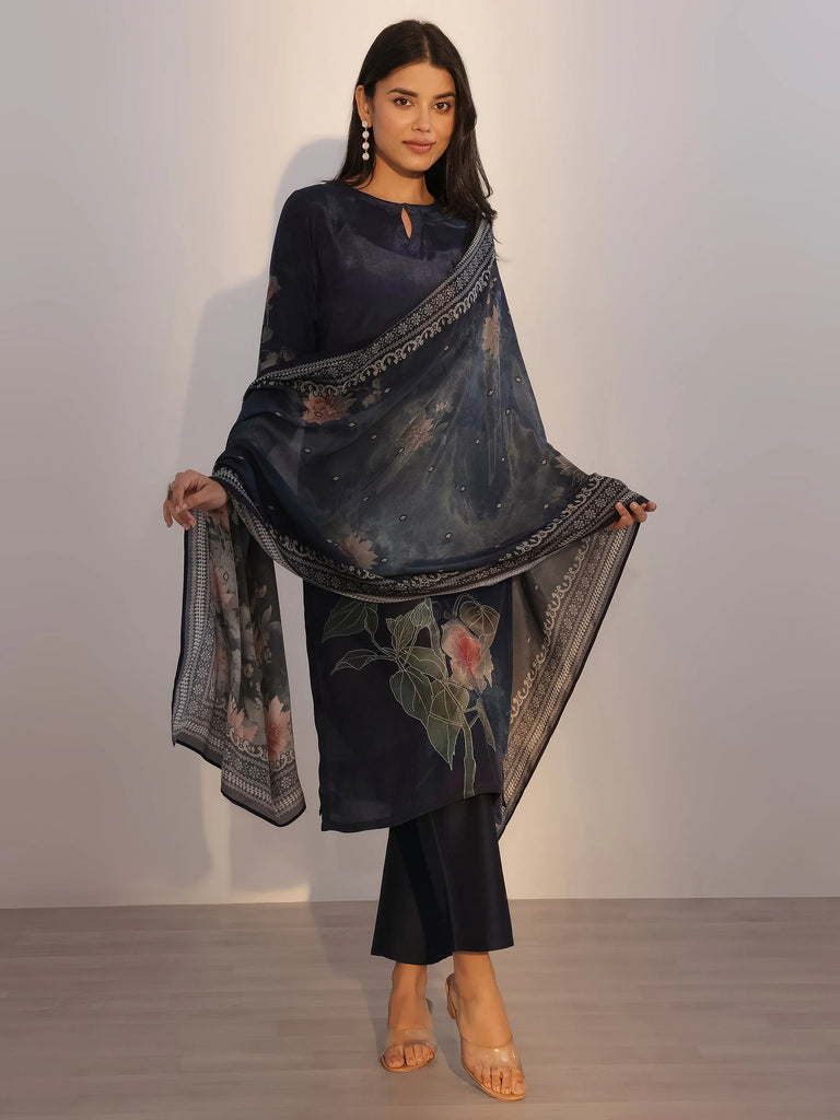 Libas Blue Printed Silk Blend Straight Suit With Dupatta