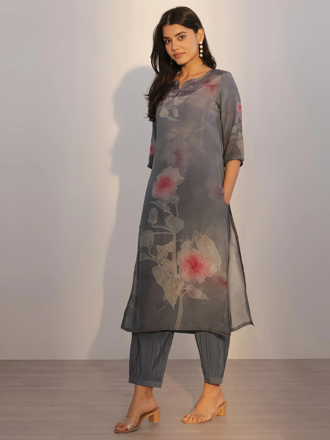  Grey Printed Silk Blend Straight Suit With Dupatta 