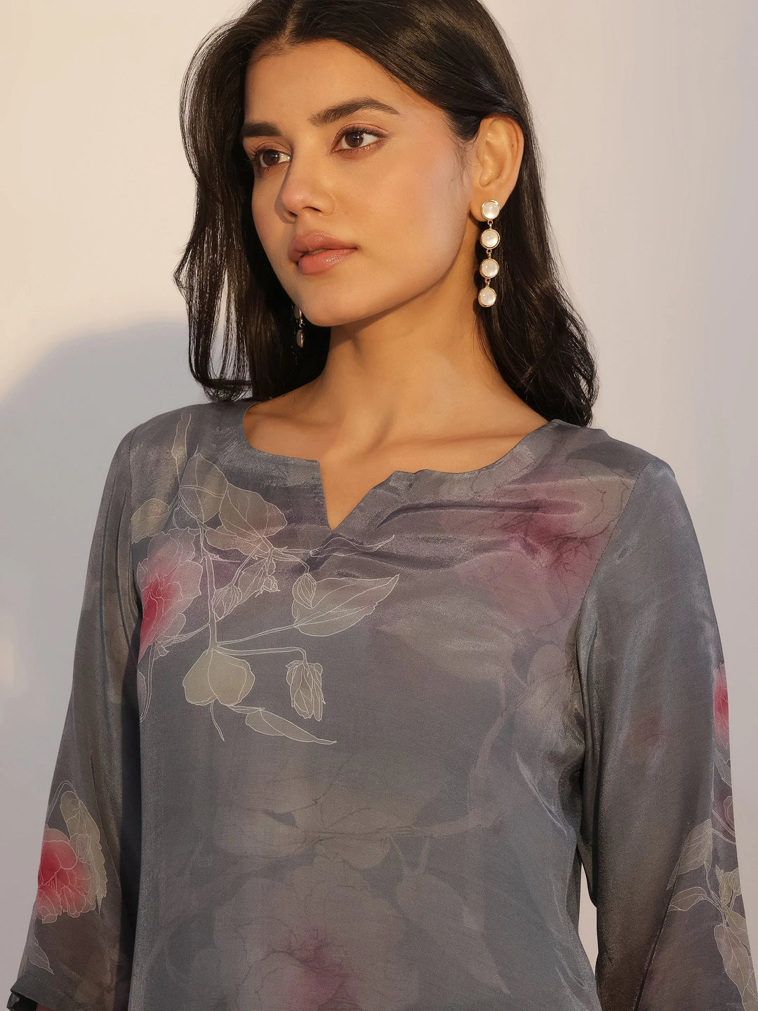  Grey Printed Silk Blend Straight Suit With Dupatta 