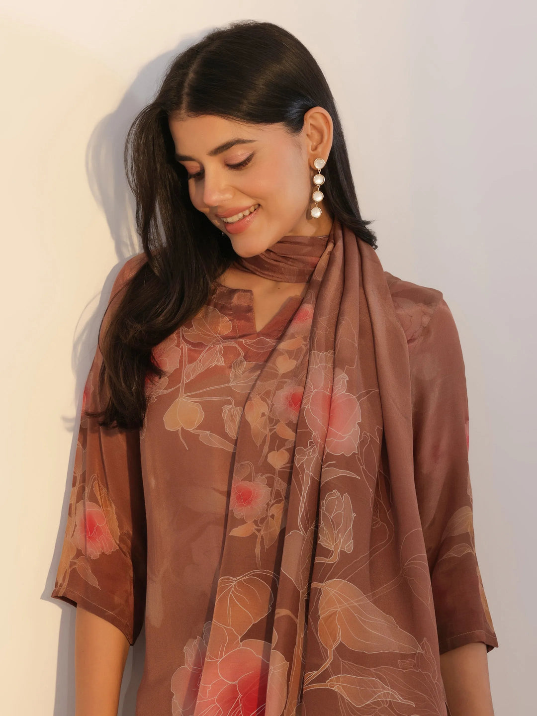  Brown Printed Silk Blend Straight Suit With Dupatta 